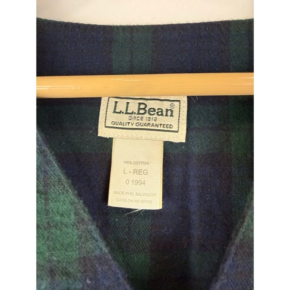 LL Bean Men's Size Large Vintage Plaid Flannel Nightshirt Green Black Watch